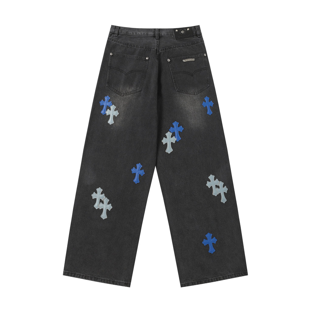 Chrome Hearts Grey & Blue Leather Cross Patches Jeans