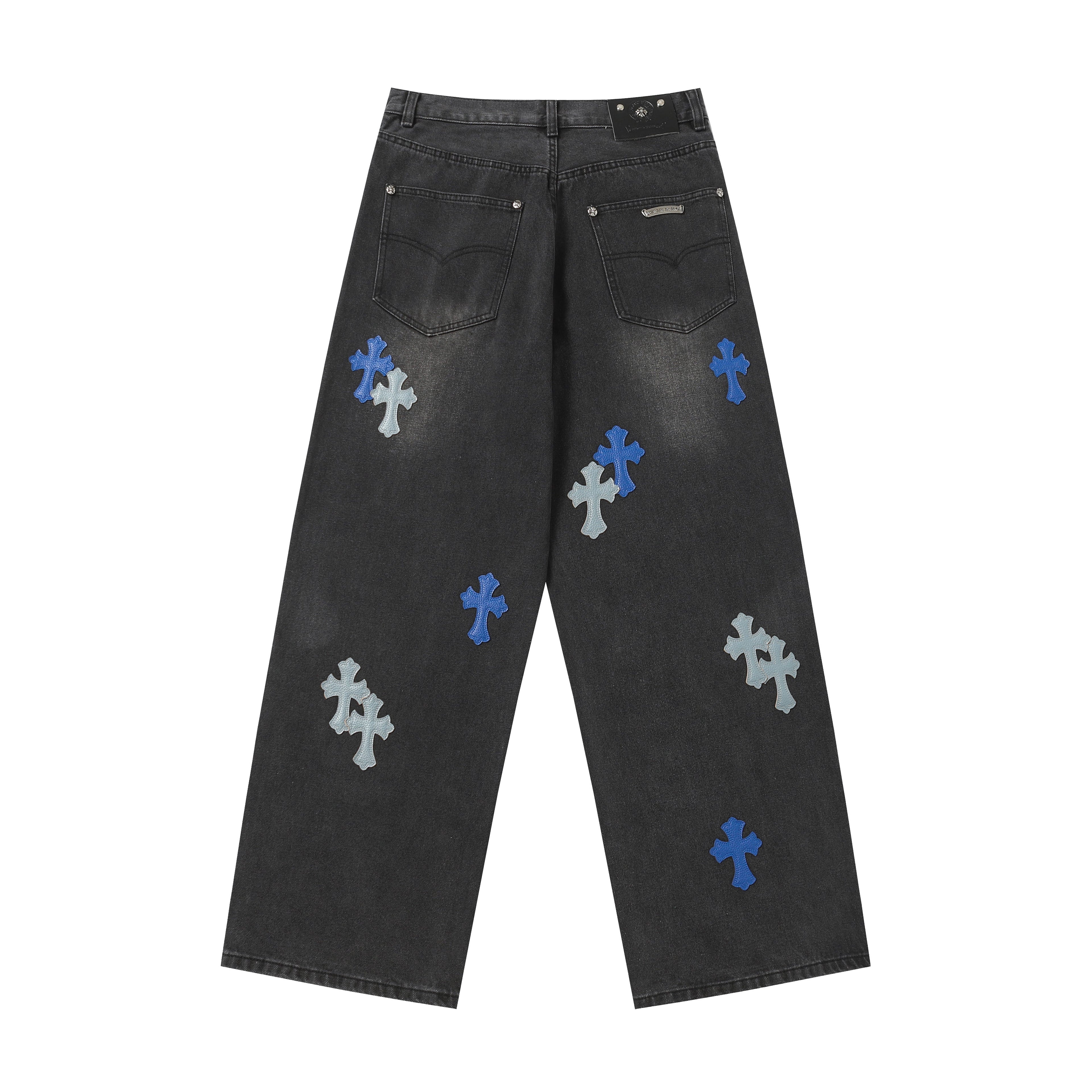 Chrome Hearts Grey & Blue Leather Cross Patches Jeans