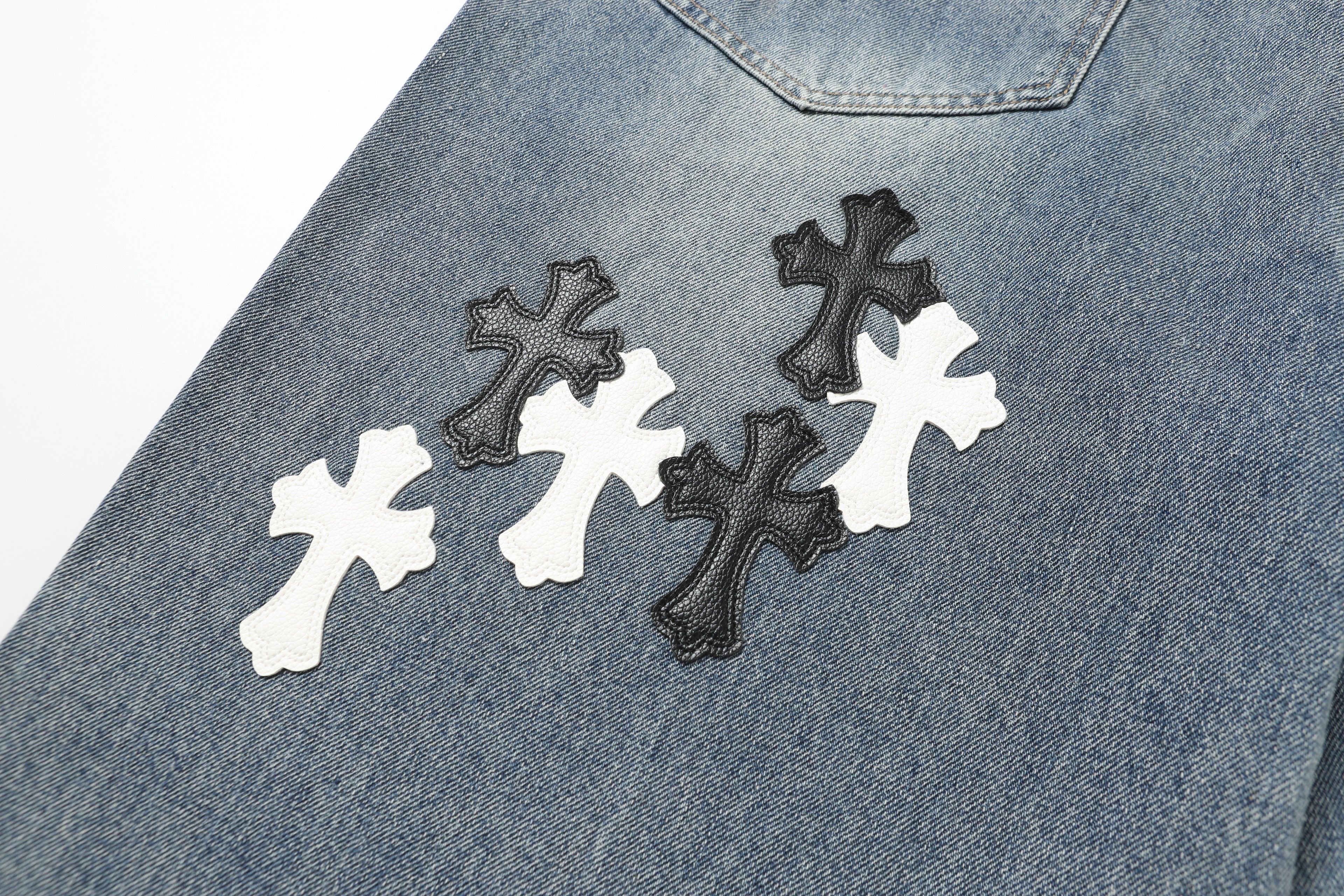 Chrome Hearts White & black Leather Cross Patches Jeans