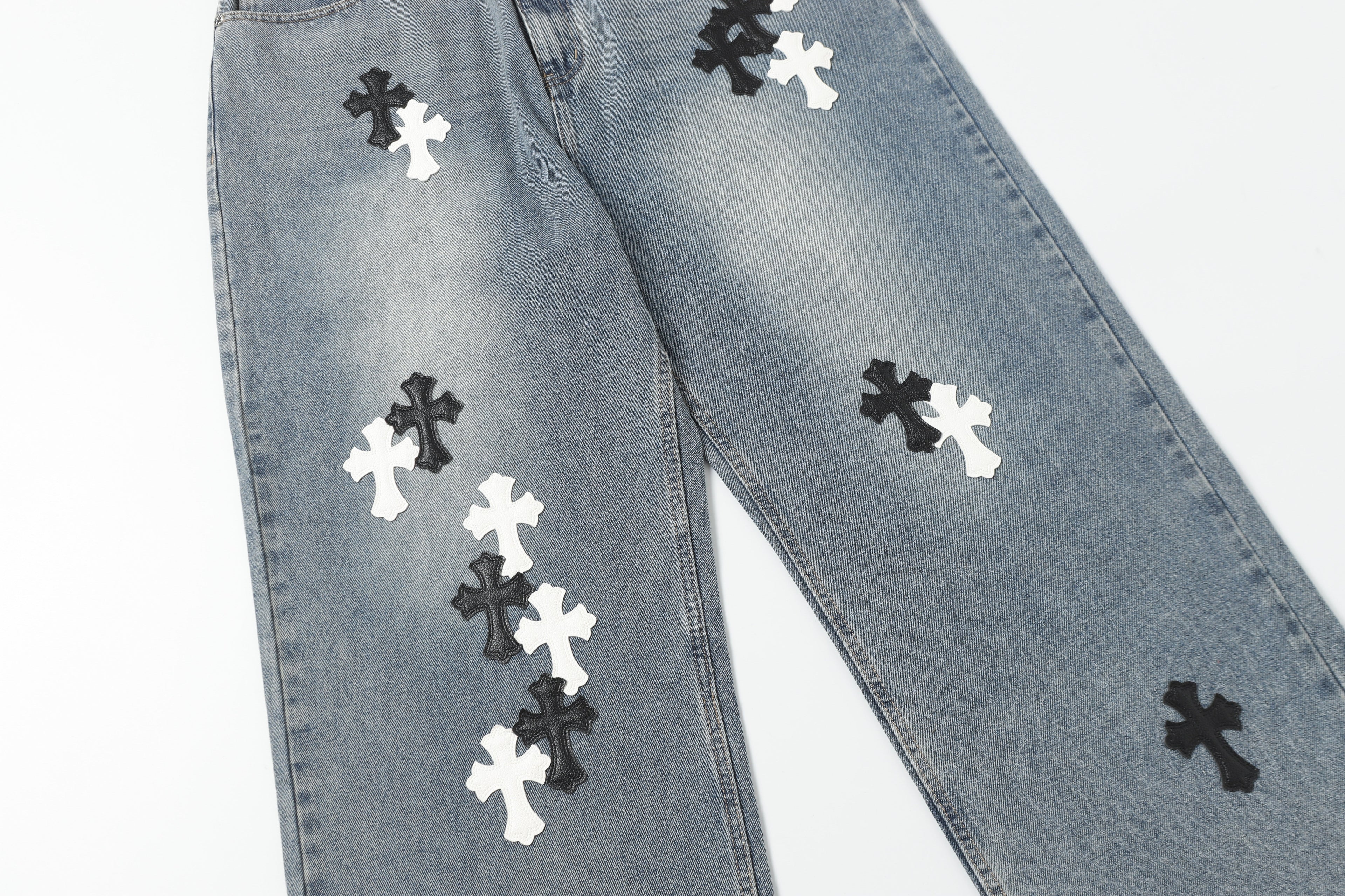 Chrome Hearts White & black Leather Cross Patches Jeans