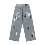 Chrome Hearts White & black Leather Cross Patches Jeans