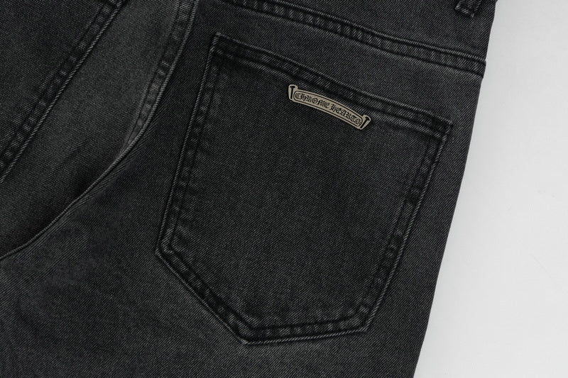Chrome Hearts Black & White Cross Patch Flame Knee Jeans