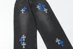 Chrome Hearts Grey & Blue Leather Cross Patches Jeans